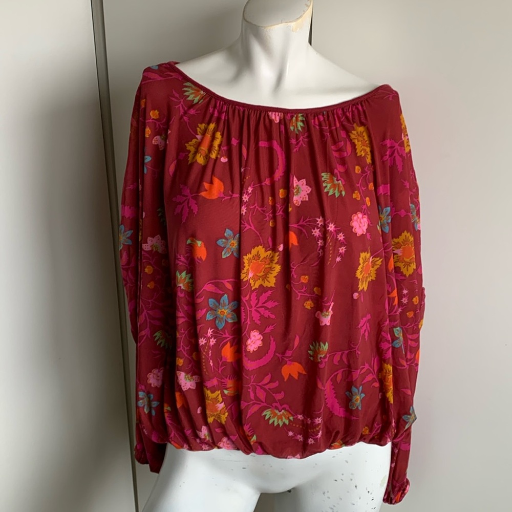 Free People red boat neck floral balloon sleeve blouse